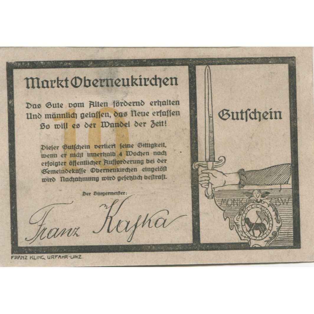 Banknote, Austria, Oberneukirchen, 10 Heller, épée, 1920, UNC(63), Mehl:FS 691b