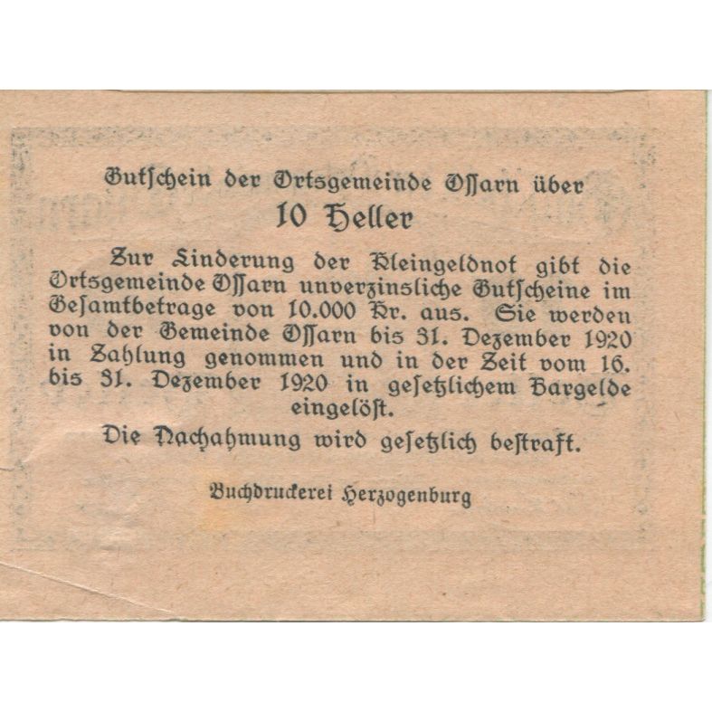 Banknote, Austria, Ossarn, 10 Heller, Eglise 1920-12-31, UNC(63), Mehl:FS 712a