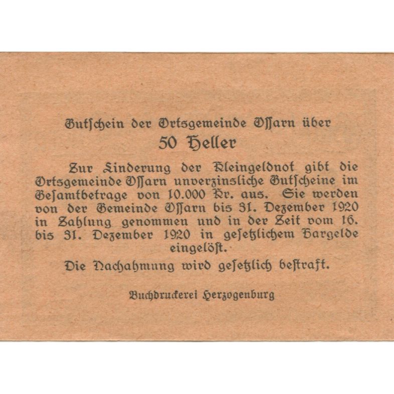 Banknot, Austria, Ossarn, 50 Heller, Eglise 1920-12-31, UNC(63), Mehl:FS 712a