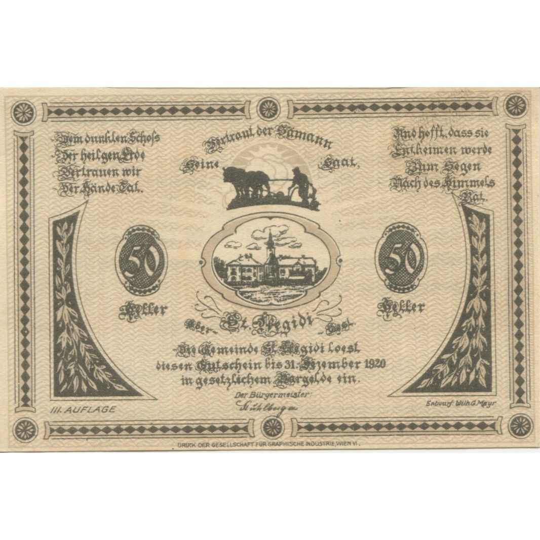 Banknote, Austria, St Aegidi, 50 Heller, cheval, 1920 UNC(63) Mehl:FS 875IIa