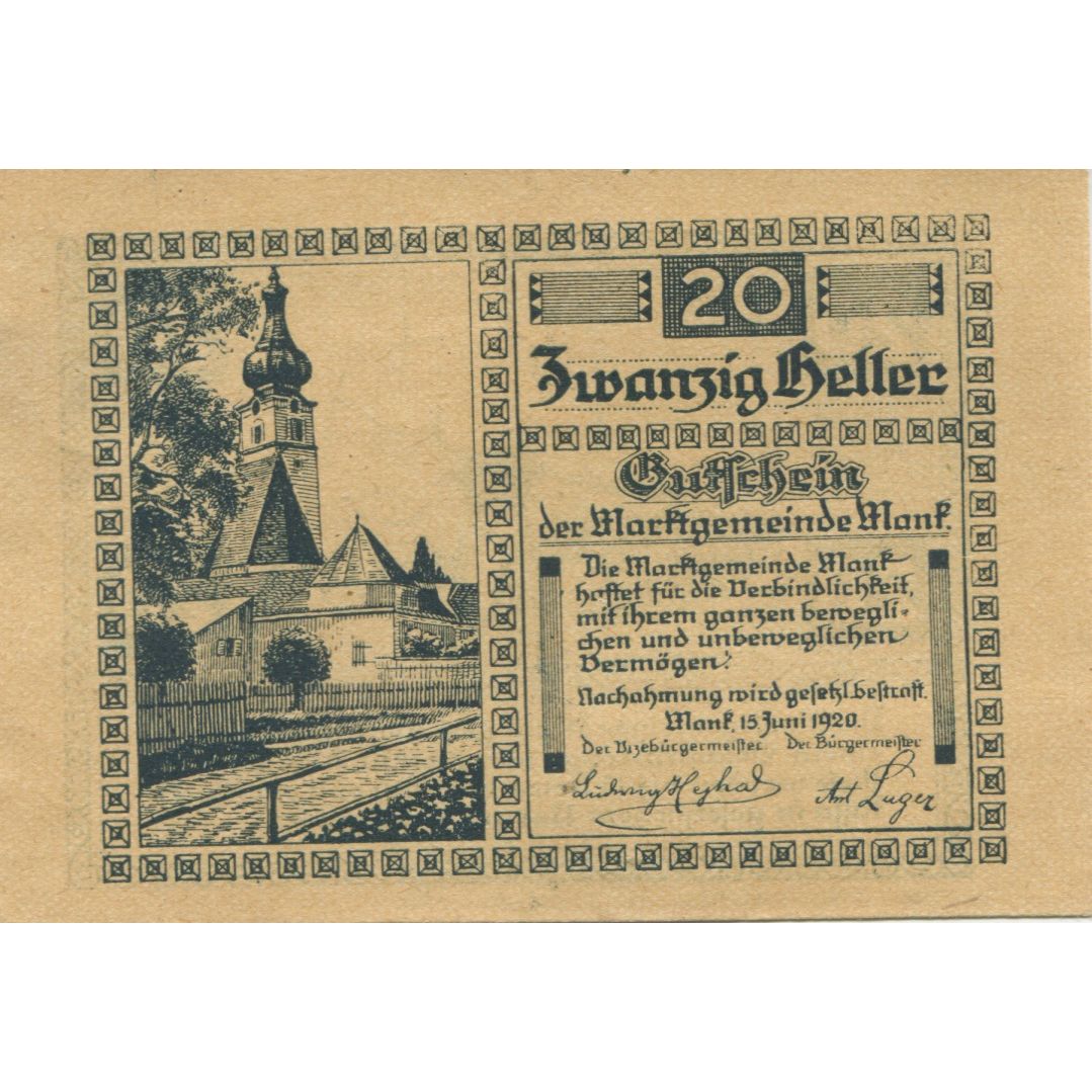 Banconote, Austria, Mank, 20 Heller, Eglise, 1920, 1920-12-15, SPL, Mehl:FS 576a