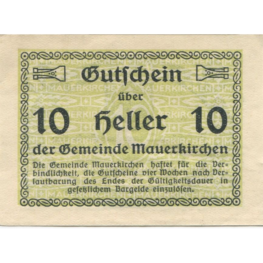 Banknote, Austria, Mauerkirchen, 10 Heller, Blason, 1920, UNC(63), Mehl:FS 598I