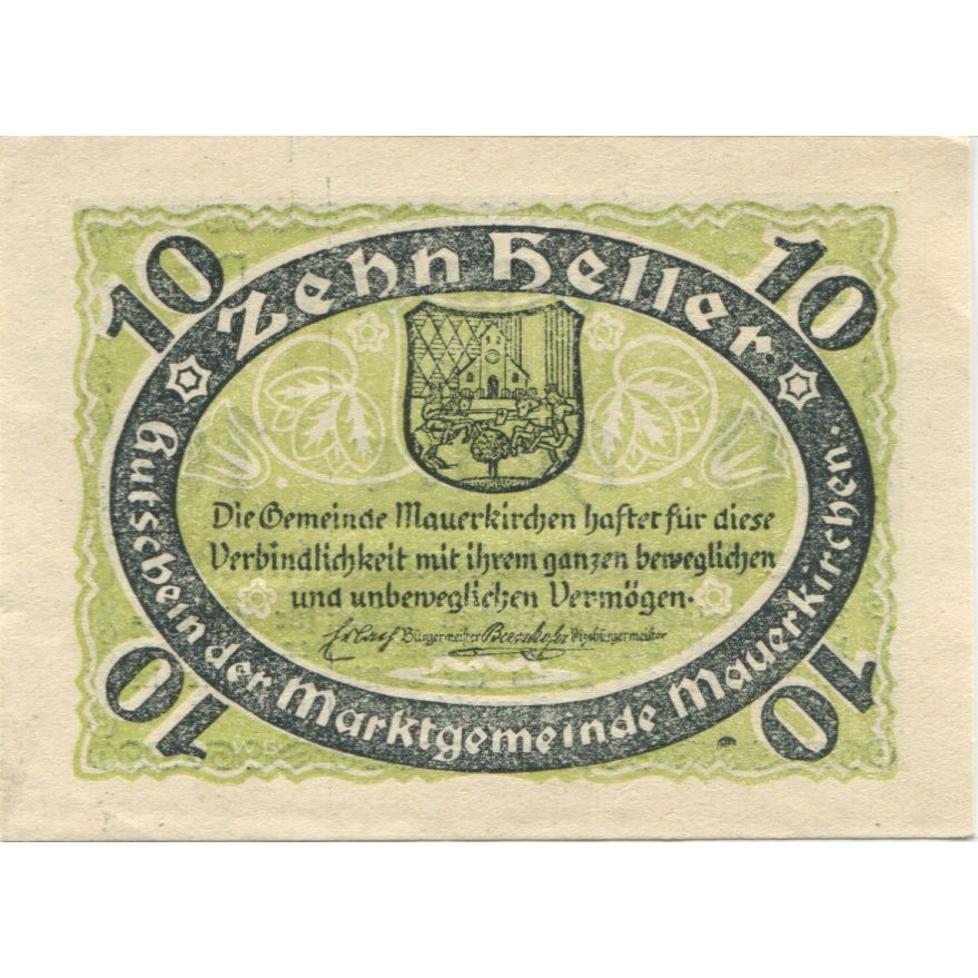Banknote, Austria, Mauerkirchen, 10 Heller, Blason, 1920, UNC(63), Mehl:FS 598I