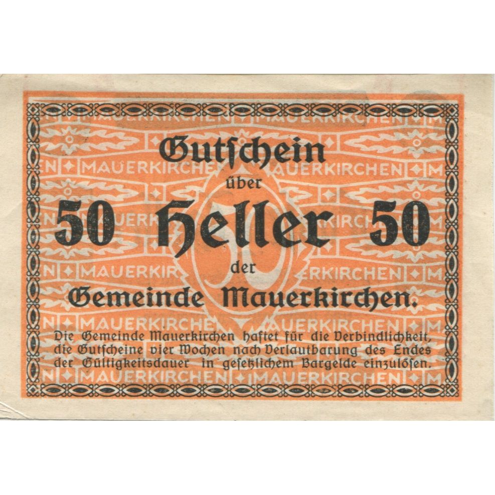 Nota, Áustria, Mauerkirchen, 50 Heller, Eglise 1920-12-30 AU(55-58) Mehl:FS 598I