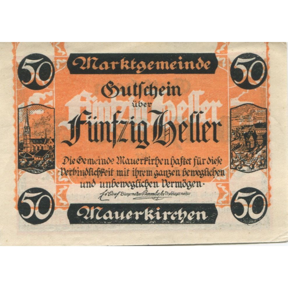 Nota, Áustria, Mauerkirchen, 50 Heller, Eglise 1920-12-30 AU(55-58) Mehl:FS 598I
