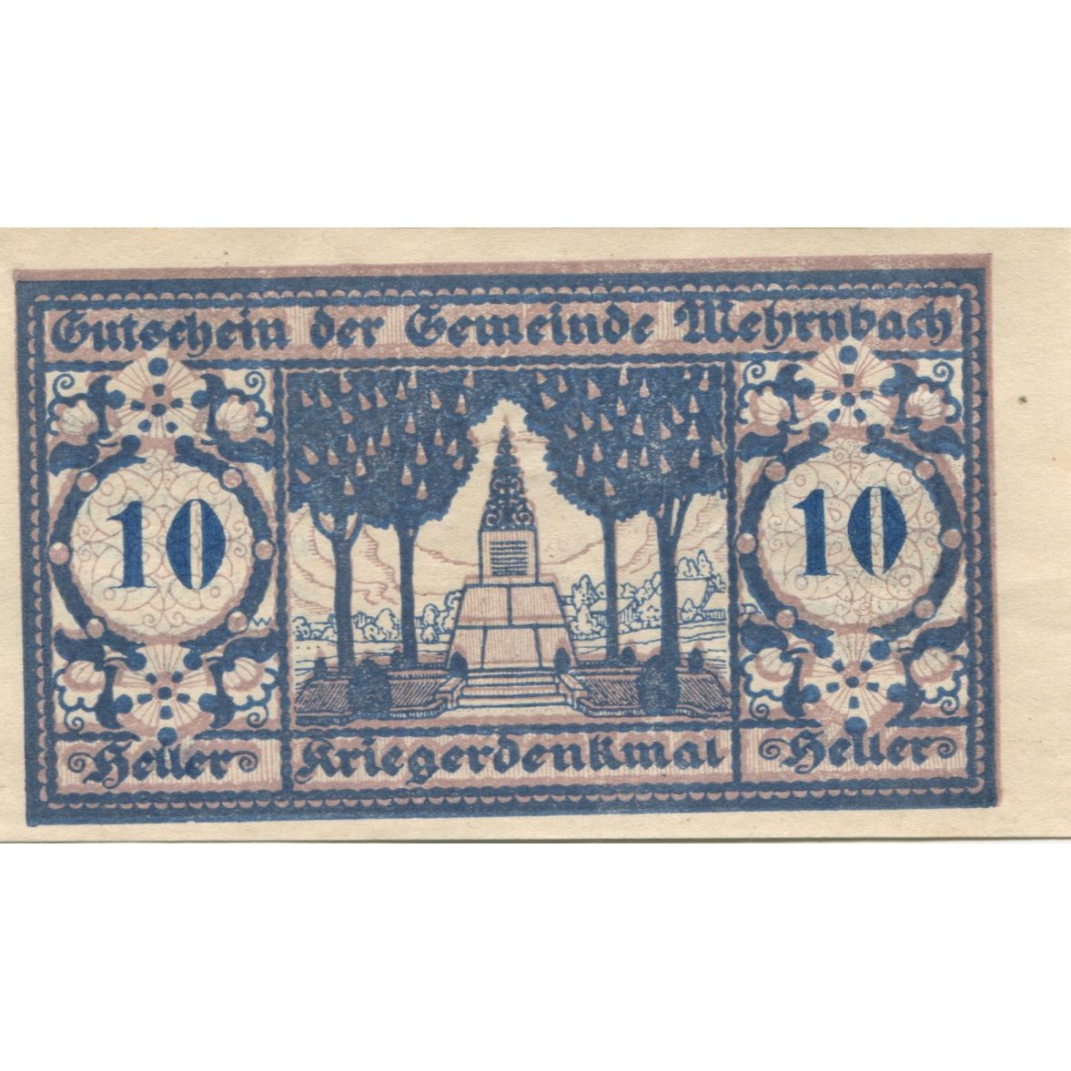 Banknote, Austria, Mehrnbach, 10 Heller, Monument, 1920, UNC(63) Mehl:FS 604.5