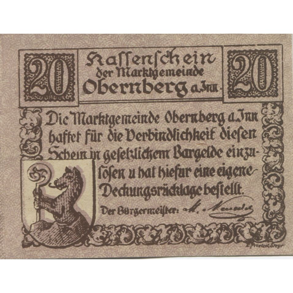 Banknote, Austria, Obernberg, 20 Heller, Monument, 1920, UNC(63), Mehl:FS 686Ia