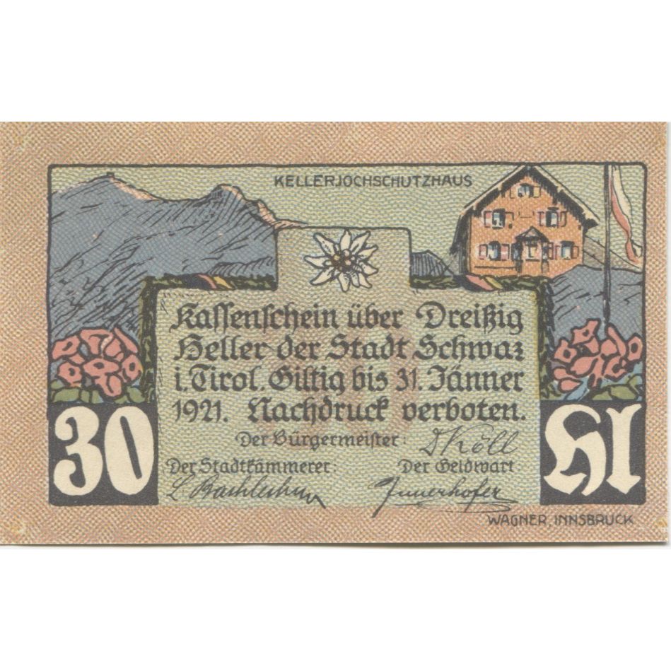 Banknote, Austria, Schwaz, 30 Heller, chalet, 1920 UNC(63), Mehl:FS 983a