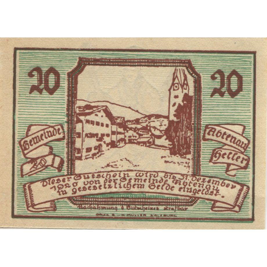 Geldschein, Österreich, Abtenau, 20 Heller, personnage 1920 UNZ- Mehl:FS 3a