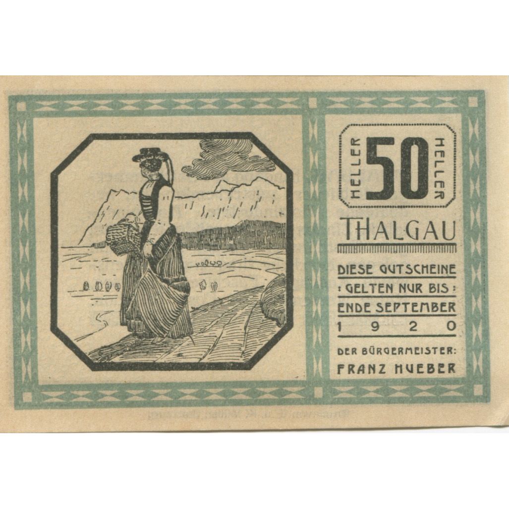 Banknote, Austria, Thalgau, 50 Heller, montagne, 1920 UNC(63) Mehl:FS 1065a