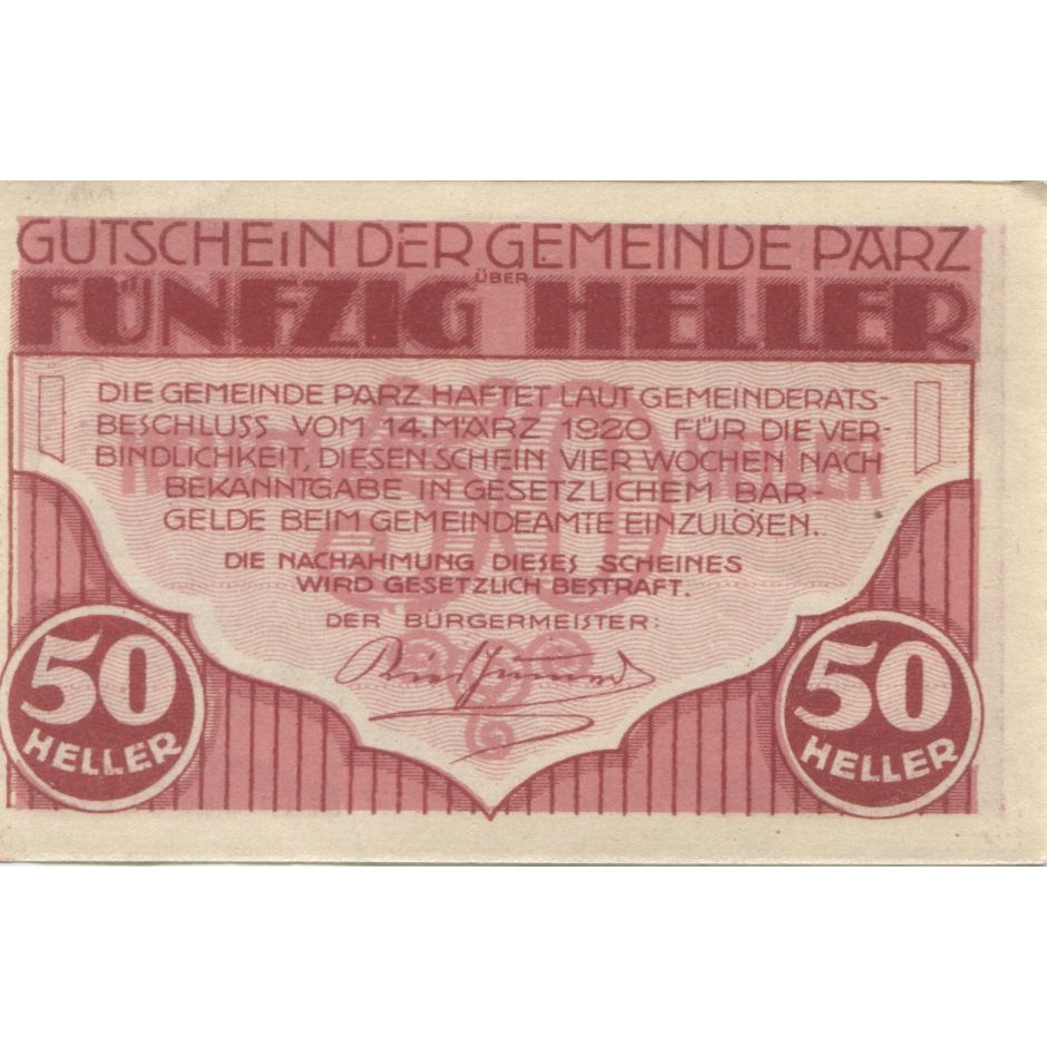 Nota, Áustria, Parz, 50 Heller, Eglise, 1920, UNC(63), Mehl:FS 721a