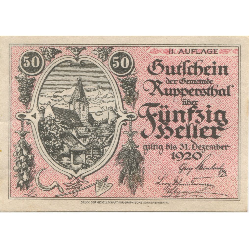 Banknote, Austria, Ruppersthal, 50 Heller, Eglise, 1920 UNC(63) Mehl:FS 854a
