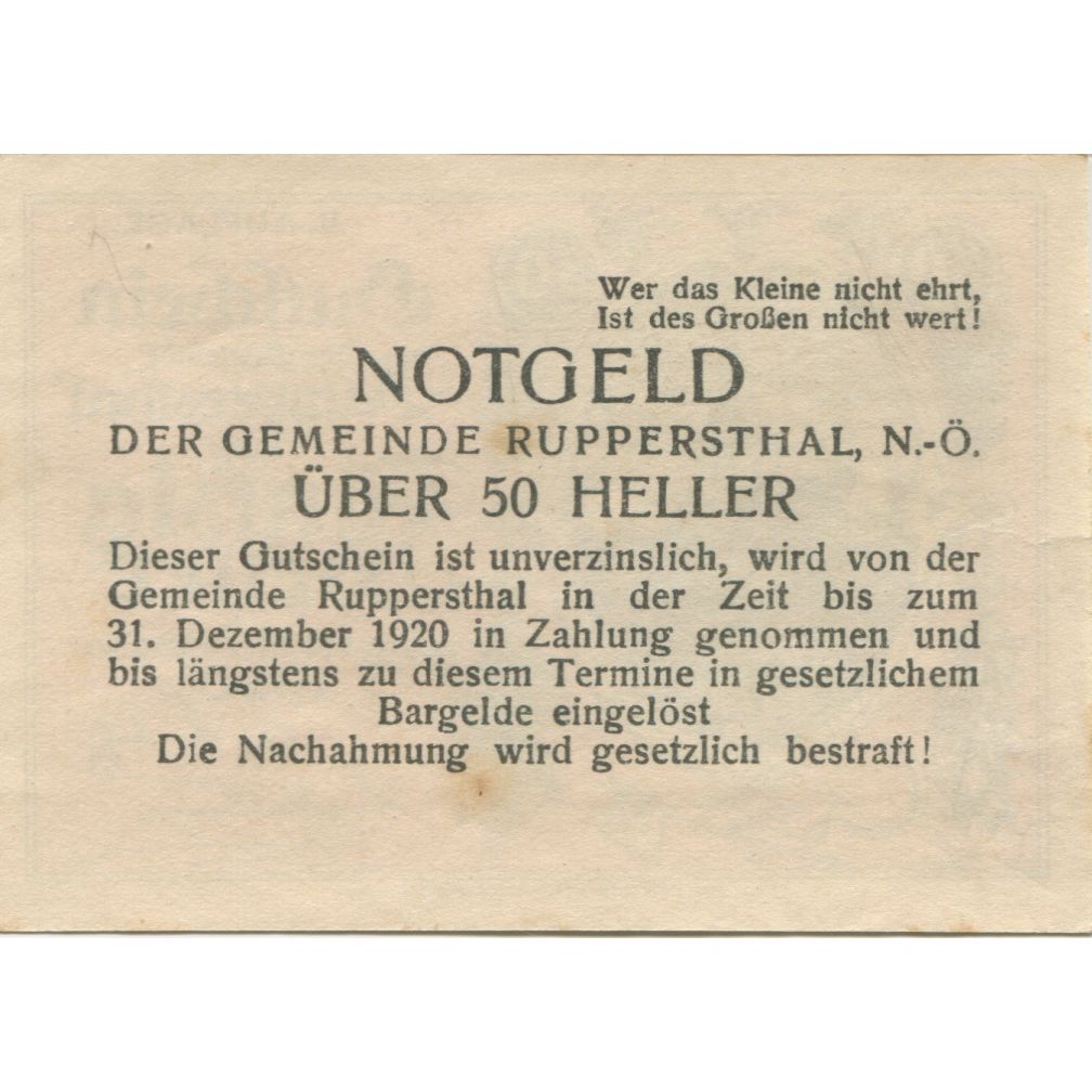 Banknote, Austria, Ruppersthal, 50 Heller, Eglise, 1920 UNC(63) Mehl:FS 854a
