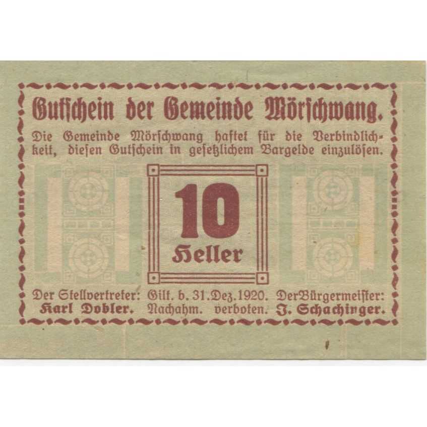 Banknote, Austria, Morschwang, 10 Heller face value 1920 UNC(63) Mehl:FS 629b