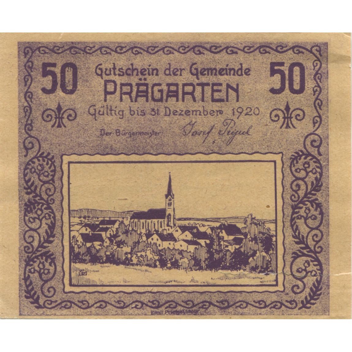 Nota, Áustria, Prägarten, 50 Heller, village 1920-12-31, UNC(63) Mehl:FS 777a