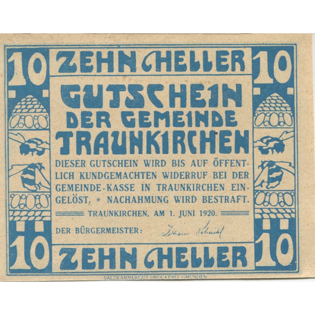 Banknote, Austria, Traunkirchen, 10 Heller, mer, 1920, UNC(63), Mehl:FS 1081