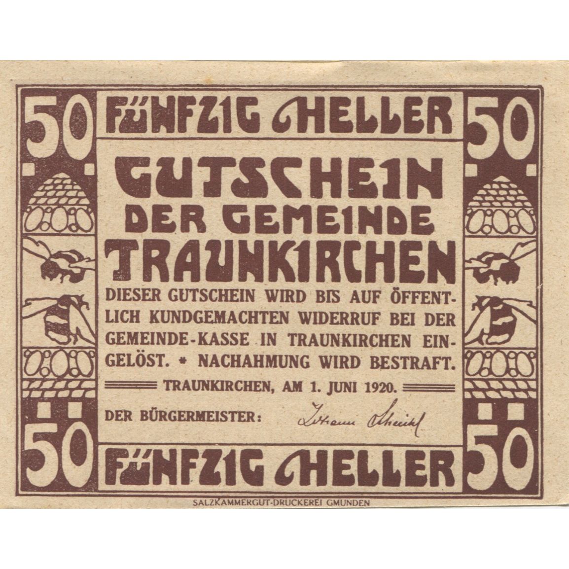 Banknote, Austria, Traunkirchen, 50 Heller, bateau, 1920, UNC(63), Mehl:FS 1081