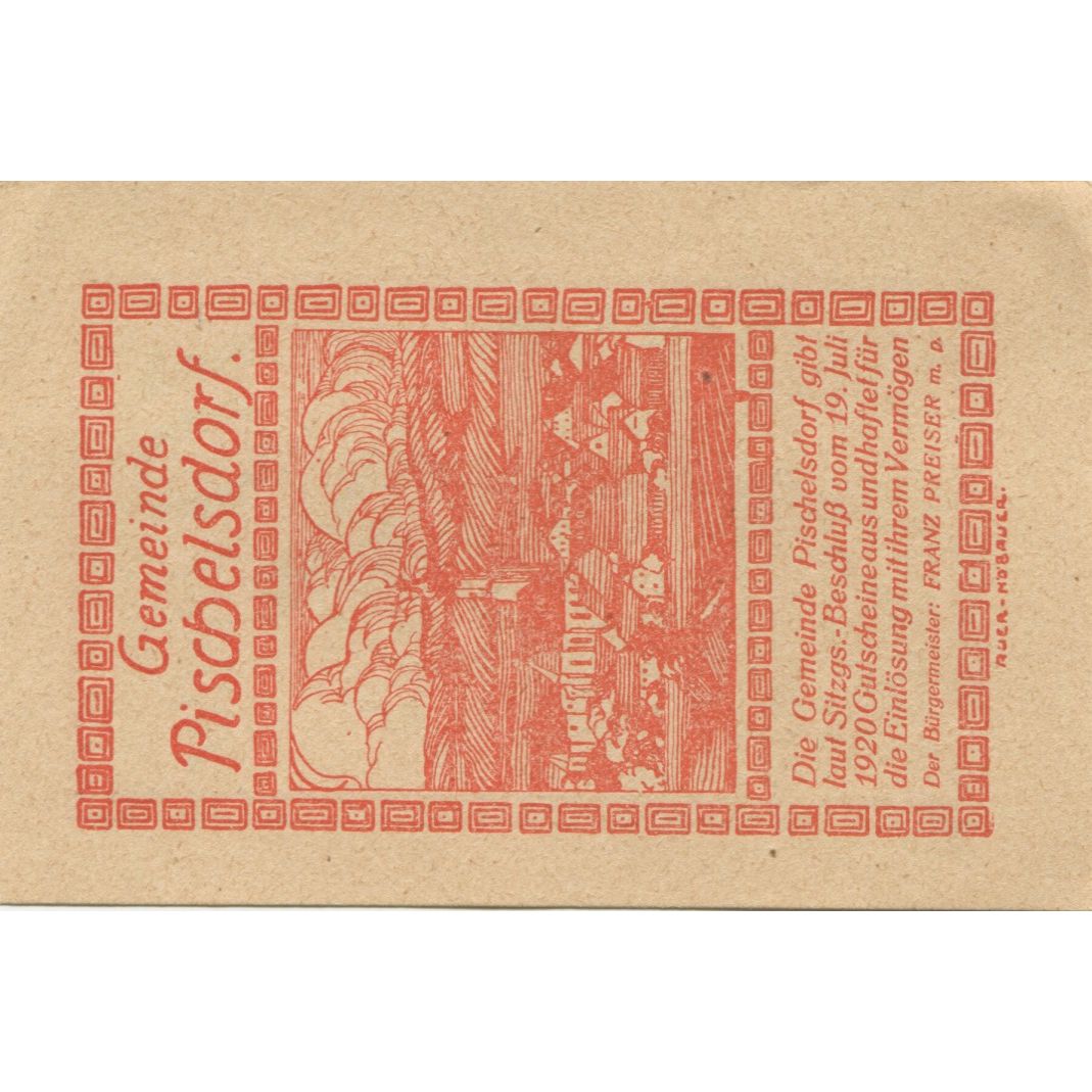 Biljet, Oostenrijk, Pischelsdorf, 10 Heller, paysage, 1920, SPL, Mehl:FS 752a