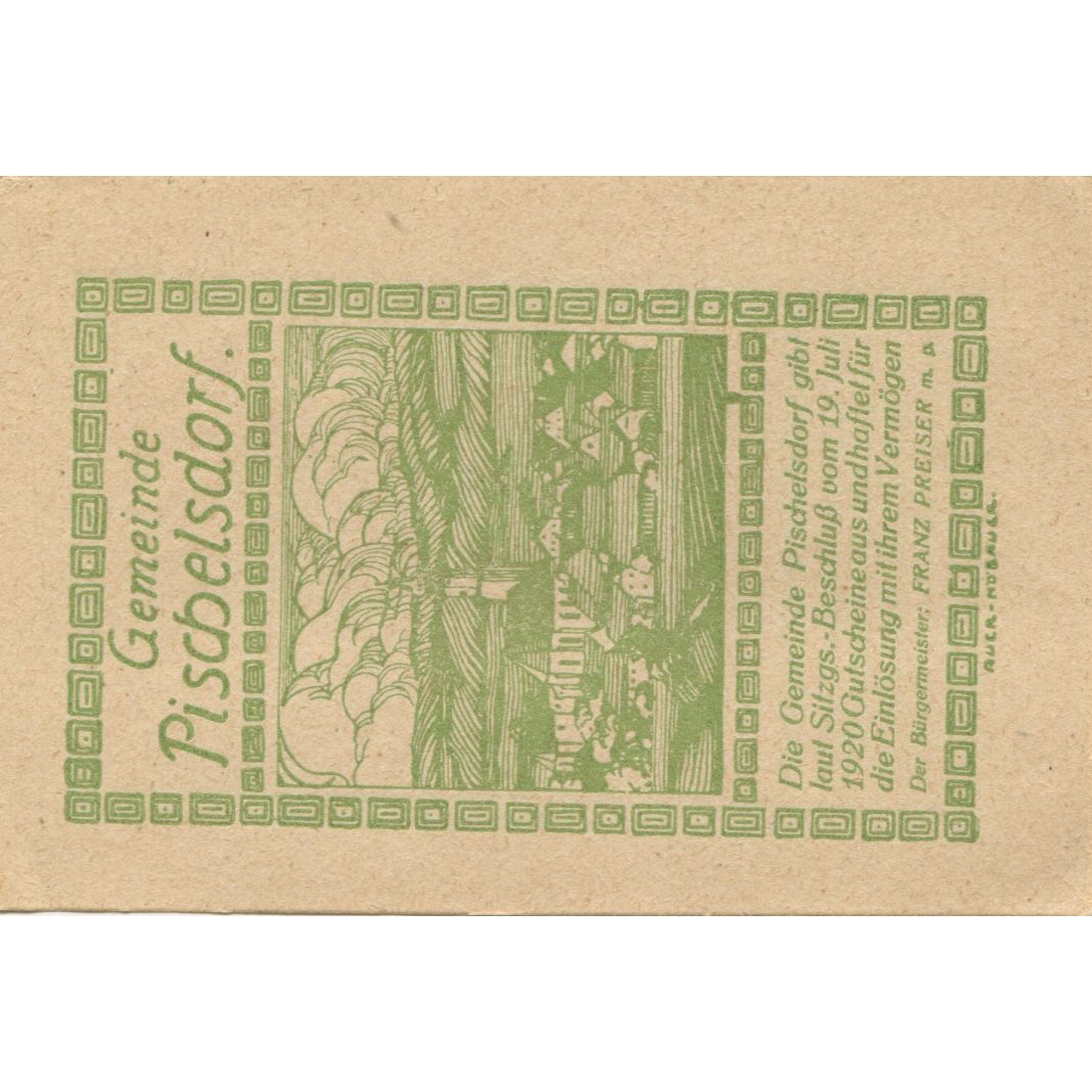 Nota, Áustria, Pischelsdorf, 20 Heller, village, 1920, UNC(63), Mehl:FS 752a