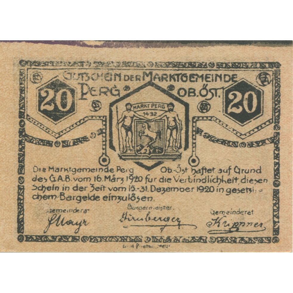 Billete, Austria, Perg, 20 Heller, Blason, 1920, 1920-12-31, SC, Mehl:FS 730I