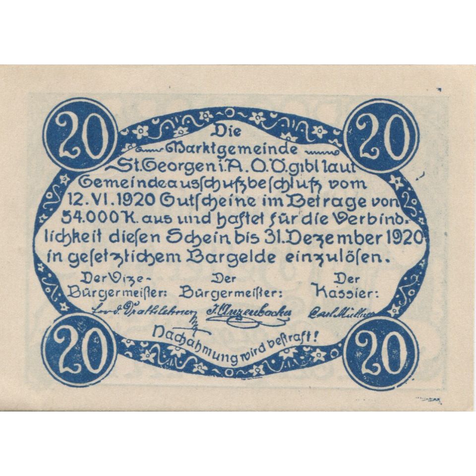 Banknote, Austria, St Georgen, 20 Heller personnage, 1920 UNC(63) Mehl:FS 888IIa