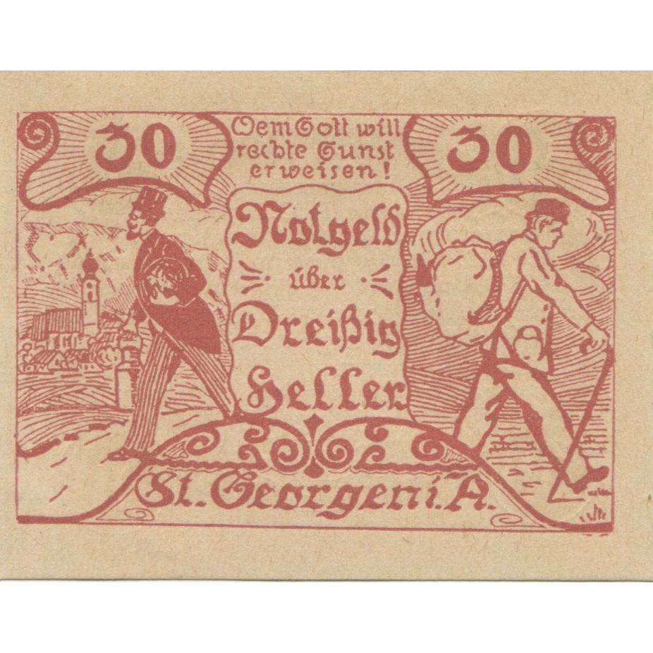Banknote, Austria, St Georgen 30 Heller, personnage, 1920 UNC(63) Mehl:FS 888IIa