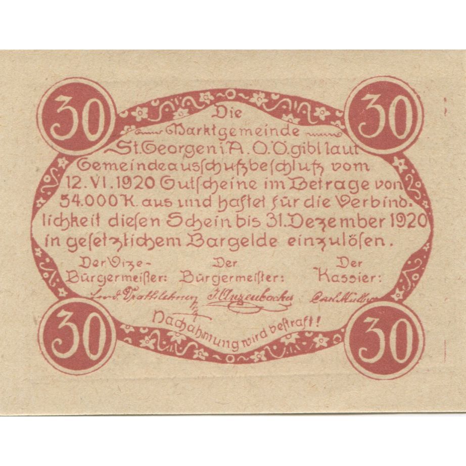 Banknote, Austria, St Georgen 30 Heller, personnage, 1920 UNC(63) Mehl:FS 888IIa