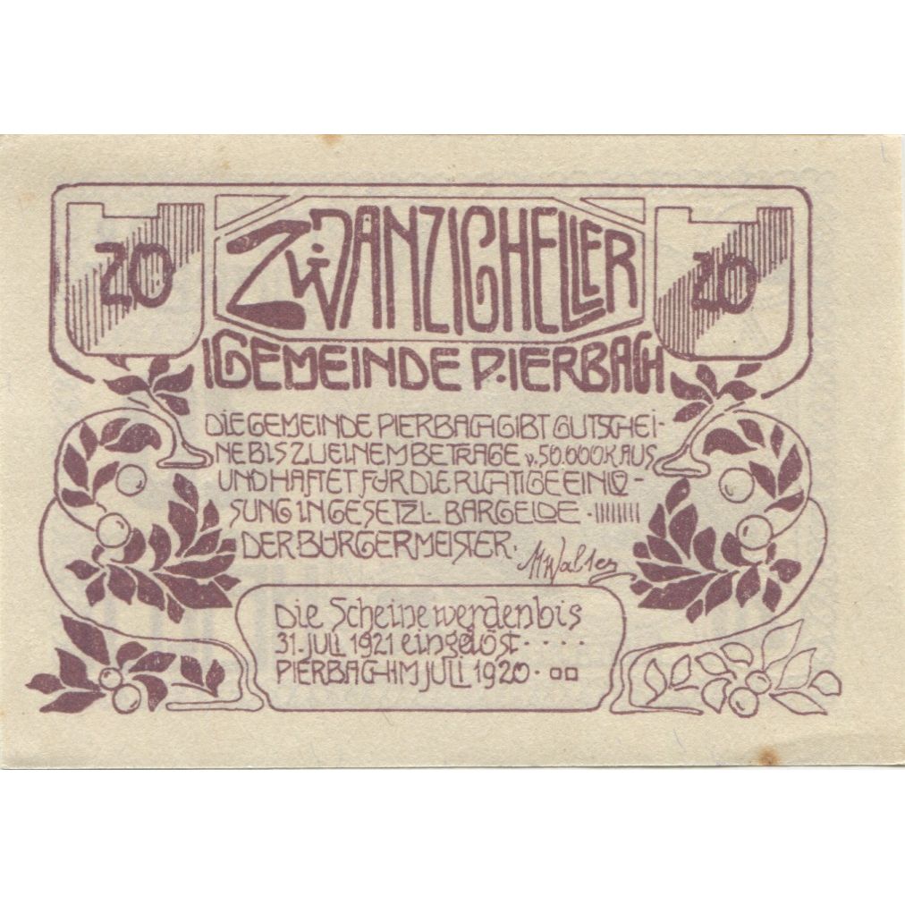 Biljet, Oostenrijk, Pierbach, 20 Heller, ruine, 1921, SPL, Mehl:FS 749