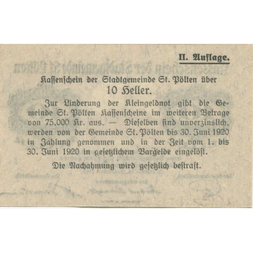 Biljet, Oostenrijk, St Pölten, 10 Heller, château 1920-06-30, SPL Mehl:FS 927IB
