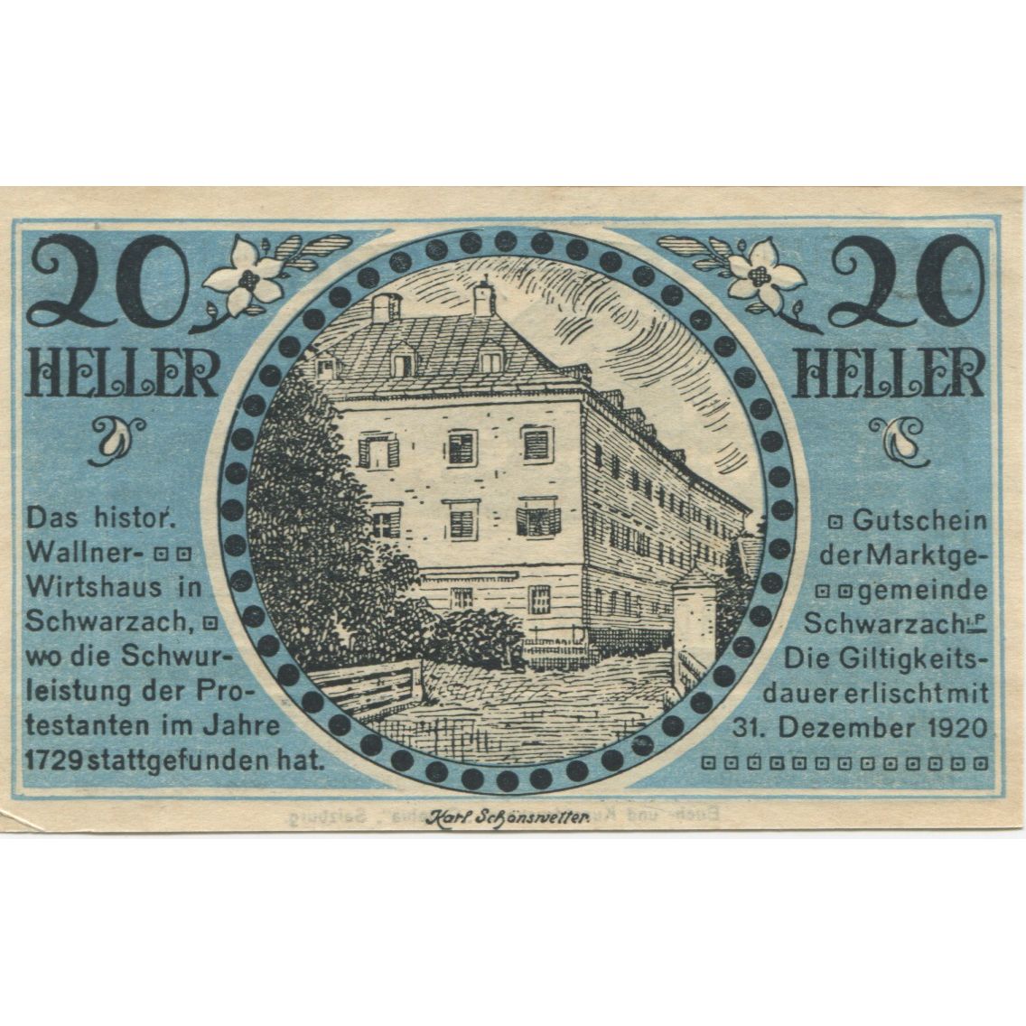 Biljet, Oostenrijk, Schwarzach, 20 Heller, château 1920-12-31, SPL Mehl:FS 978