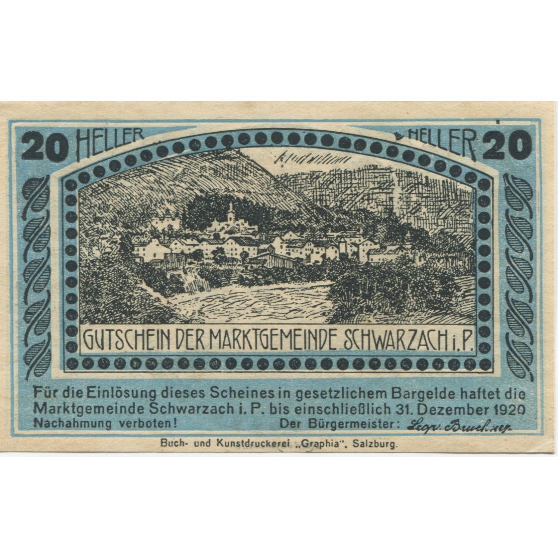 Biljet, Oostenrijk, Schwarzach, 20 Heller, château 1920-12-31, SPL Mehl:FS 978