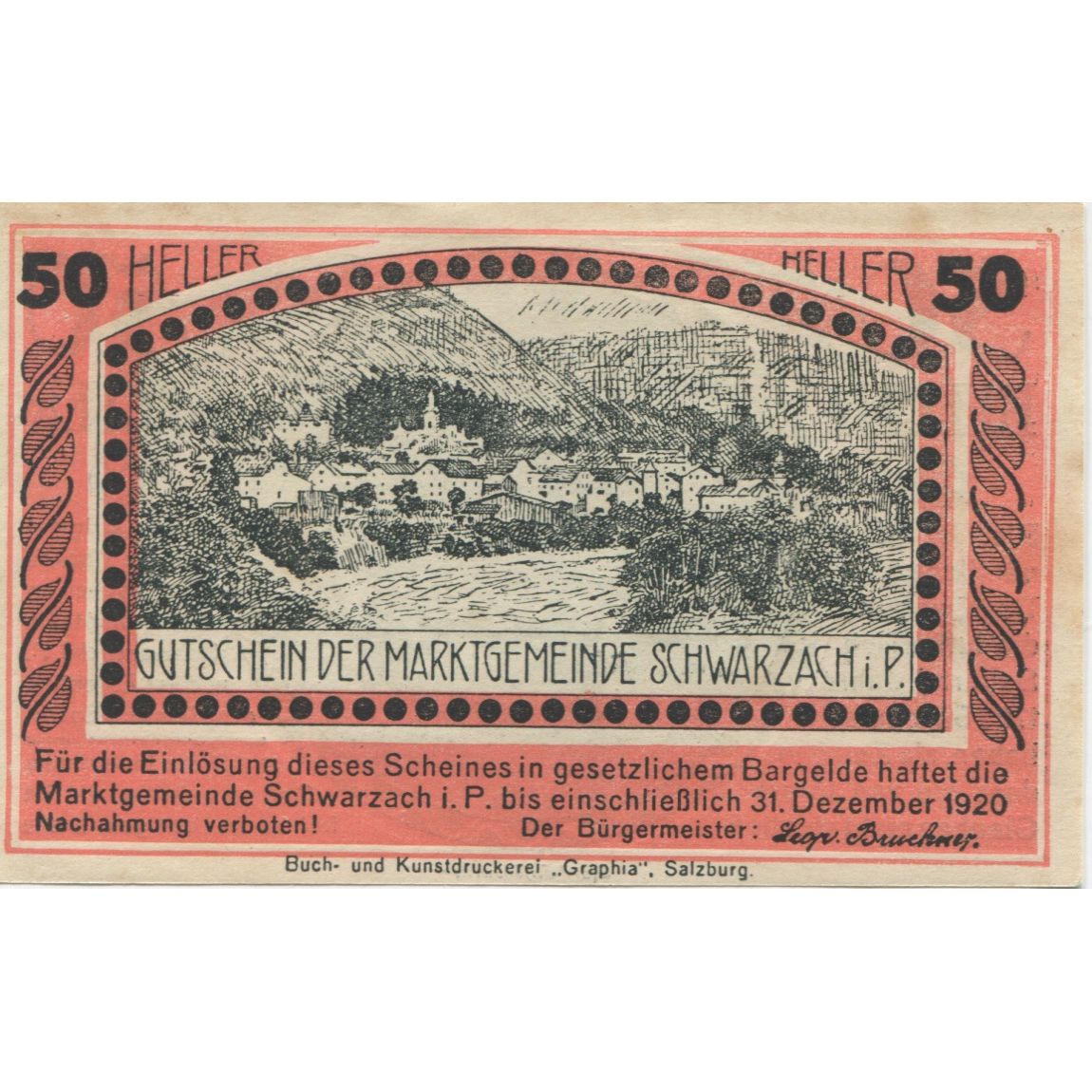 Biljet, Oostenrijk, Schwarzach, 50 Heller, village 1920-12-31, SPL Mehl:FS 978