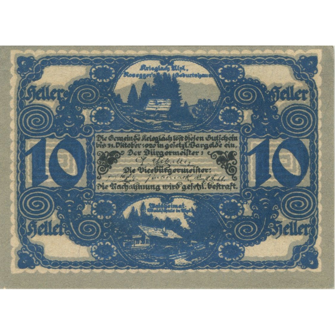 Banknote, Austria, Krieglach, 10 Heller, portrait, 1920 UNC(63) Mehl:FS 480a