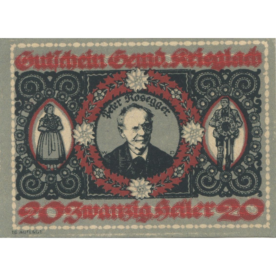 Banknote, Austria, Krieglach, 20 Heller, personnage, 1920 UNC(63) Mehl:FS 480f