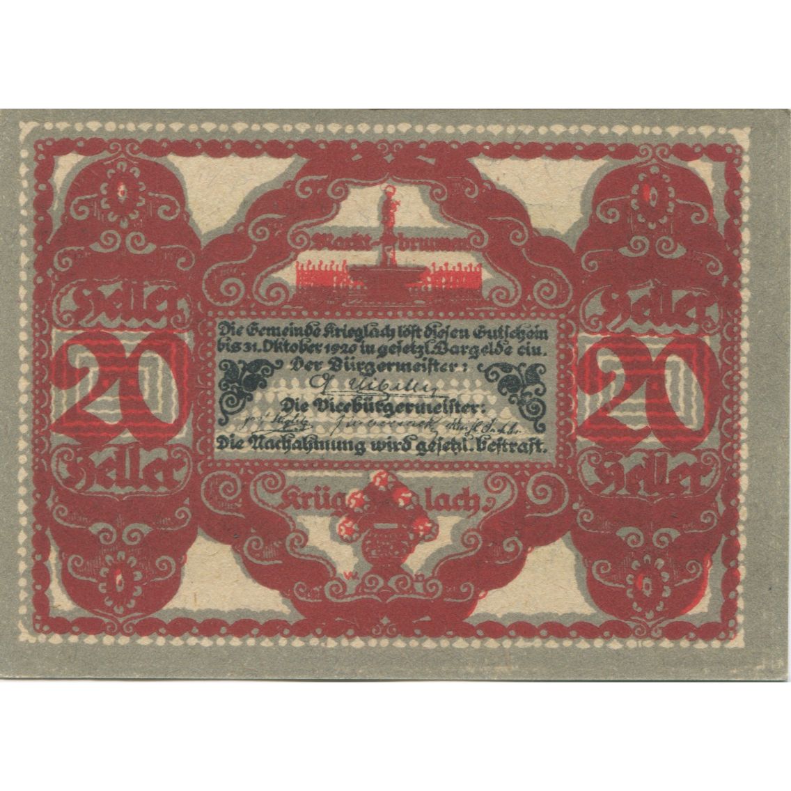 Banknote, Austria, Krieglach, 20 Heller, personnage, 1920 UNC(63) Mehl:FS 480f