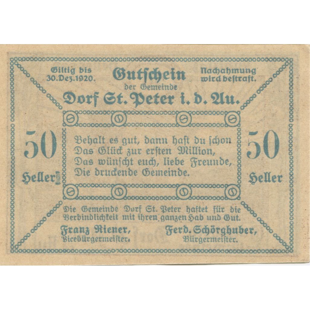 Banknote, Austria, St Peter i/d Au 50 Heller paysage 1920 UNC(63) Mehl:FS 923Ab
