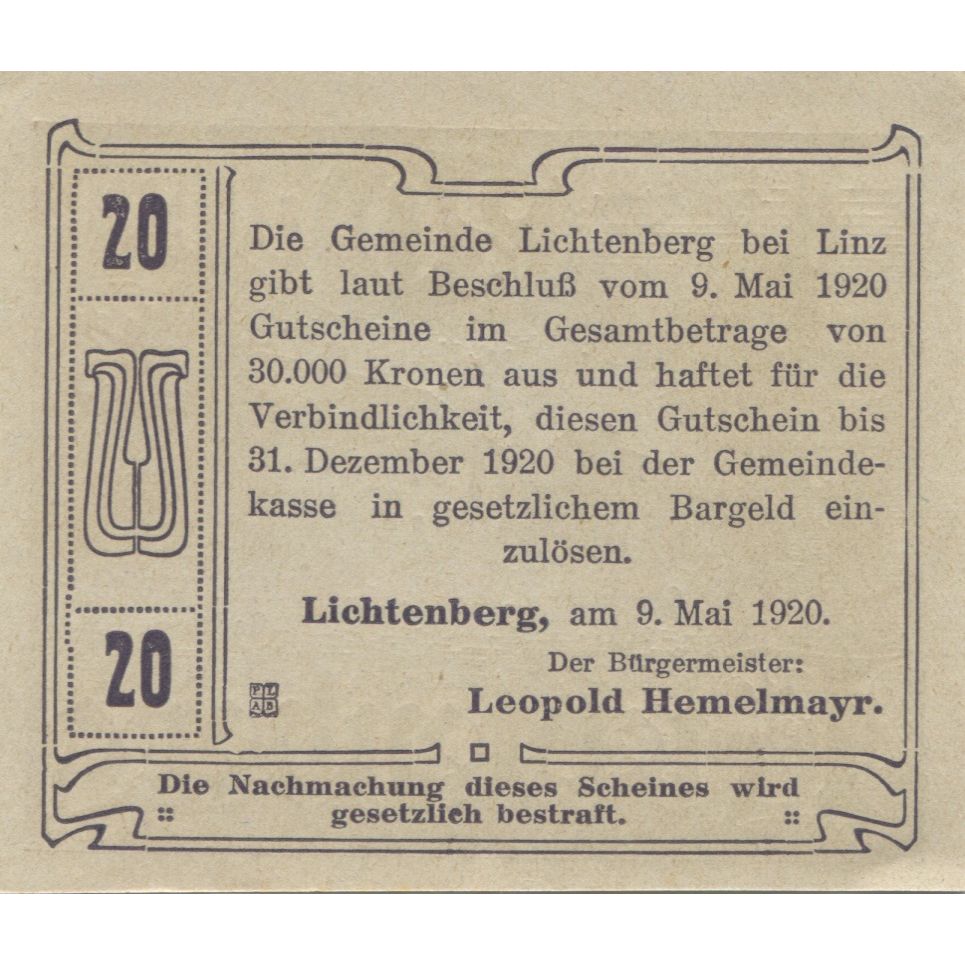 Biljet, Oostenrijk, Lichtenberg, 20 Heller, rue 1920-12-31, SPL, Mehl:FS 518a