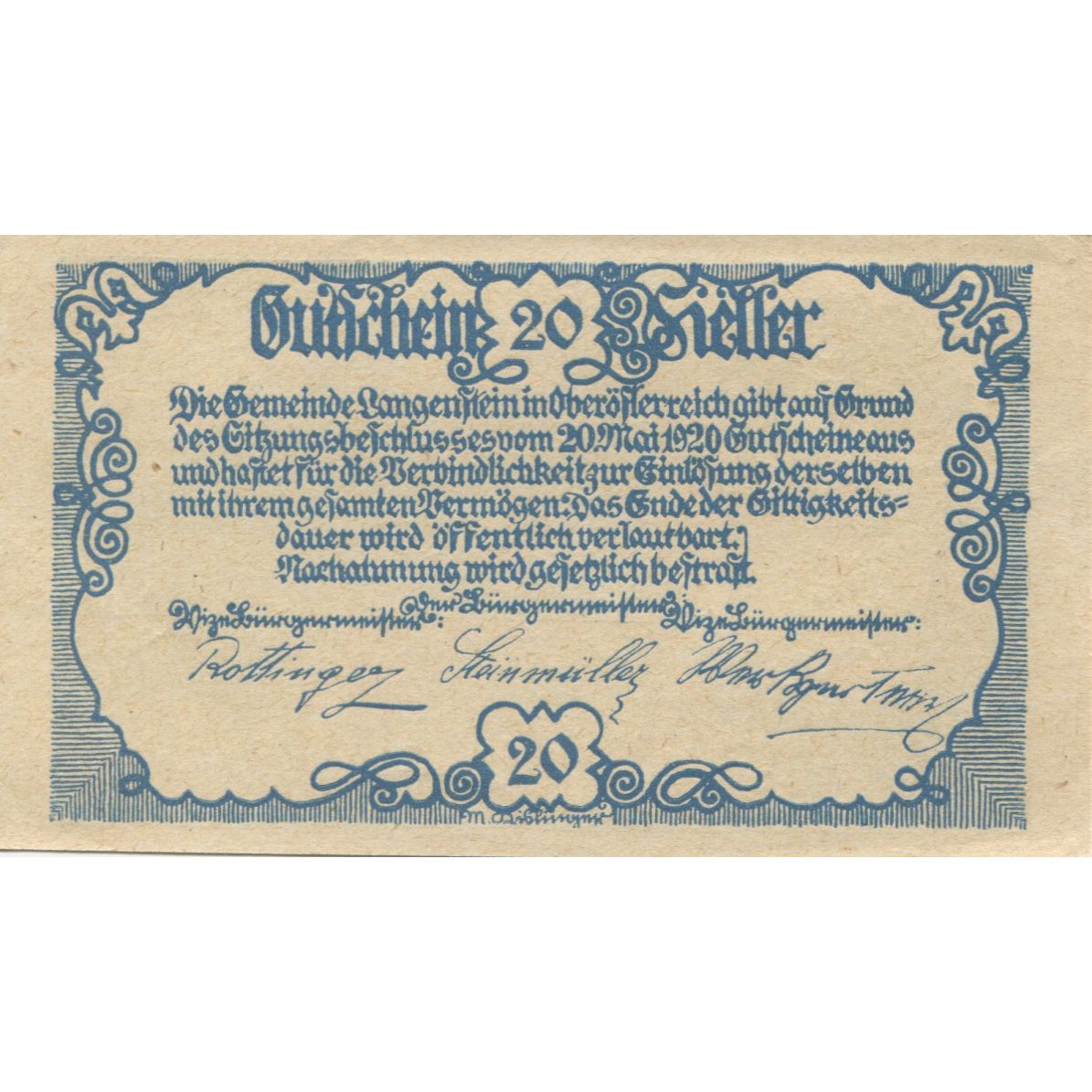 Banknote, Austria, Langenstein, 20 Heller, château, 1920, UNC(63), Mehl:FS 502a