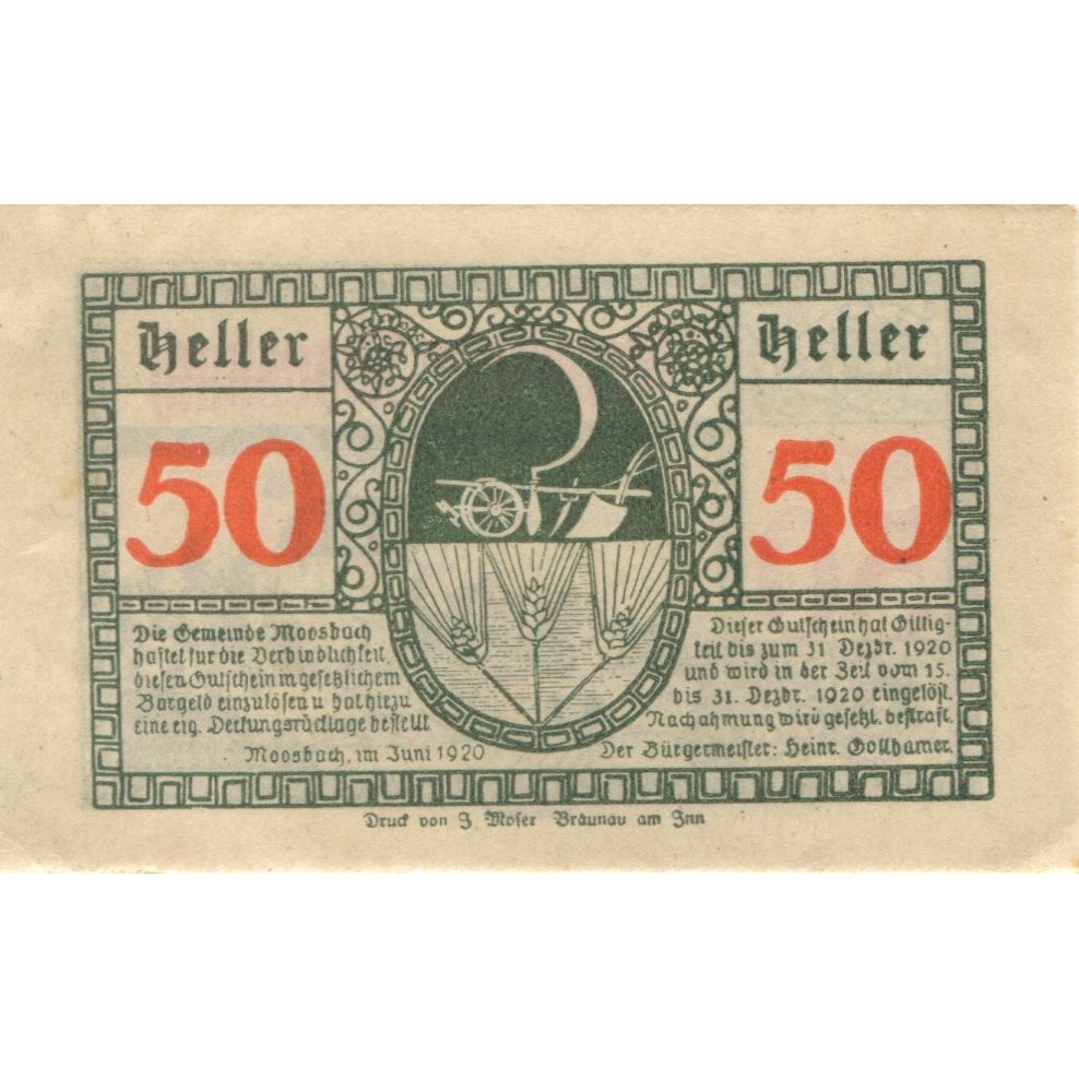 Banknote, Austria, Moosbach, 50 Heller, château, 1920 UNC(63) Mehl:FS 628a