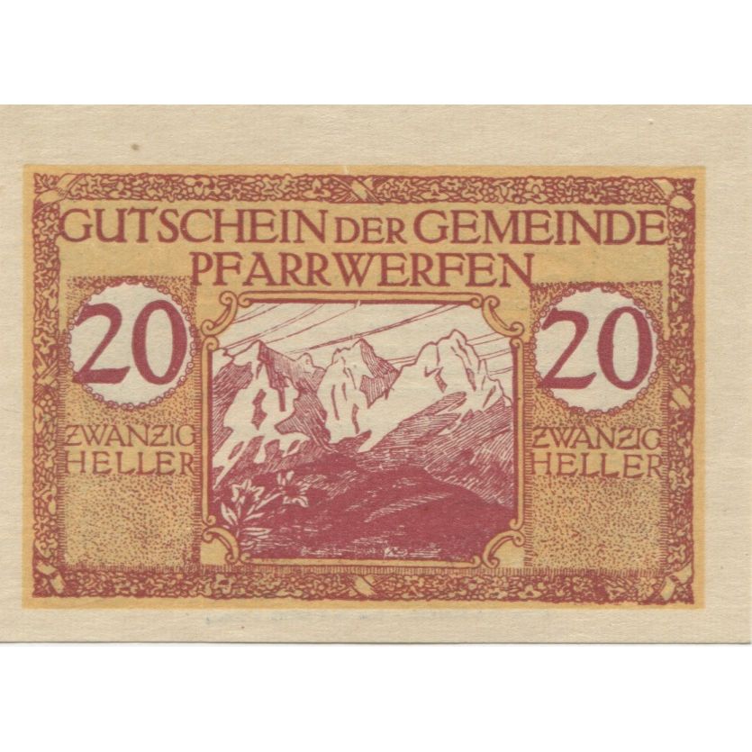 Banknote, Austria, Pfarrwerfen, 20 Heller, montagne, 1920 UNC(63) Mehl:FS 745b
