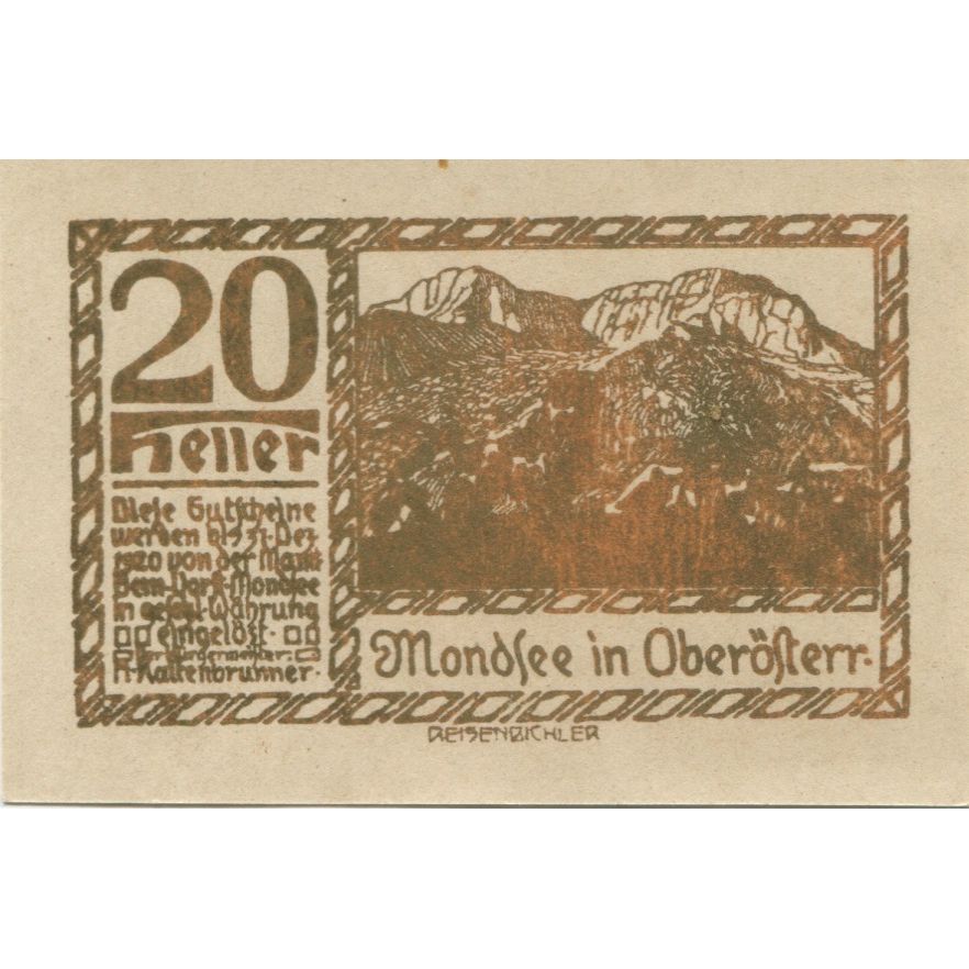 Banknote, Austria, Mondsee, 20 Heller, paysage 1920-12-31, UNC(63) Mehl:FS 626q1