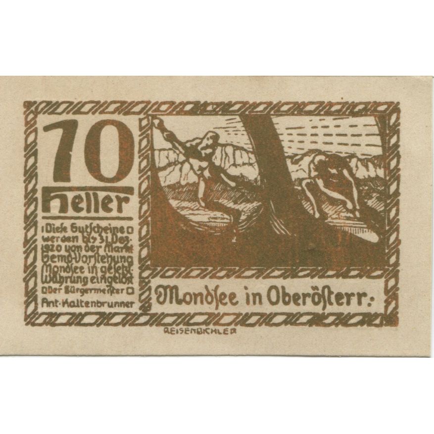 Banknote, Austria, Mondsee, 10 Heller, personnage, 1920 UNC(63) Mehl:FS 626q1