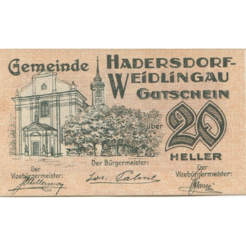 Banknote, Austria, Weidlingau, 20 Heller, Eglise, 1920 UNC(63) Mehl:FS 326