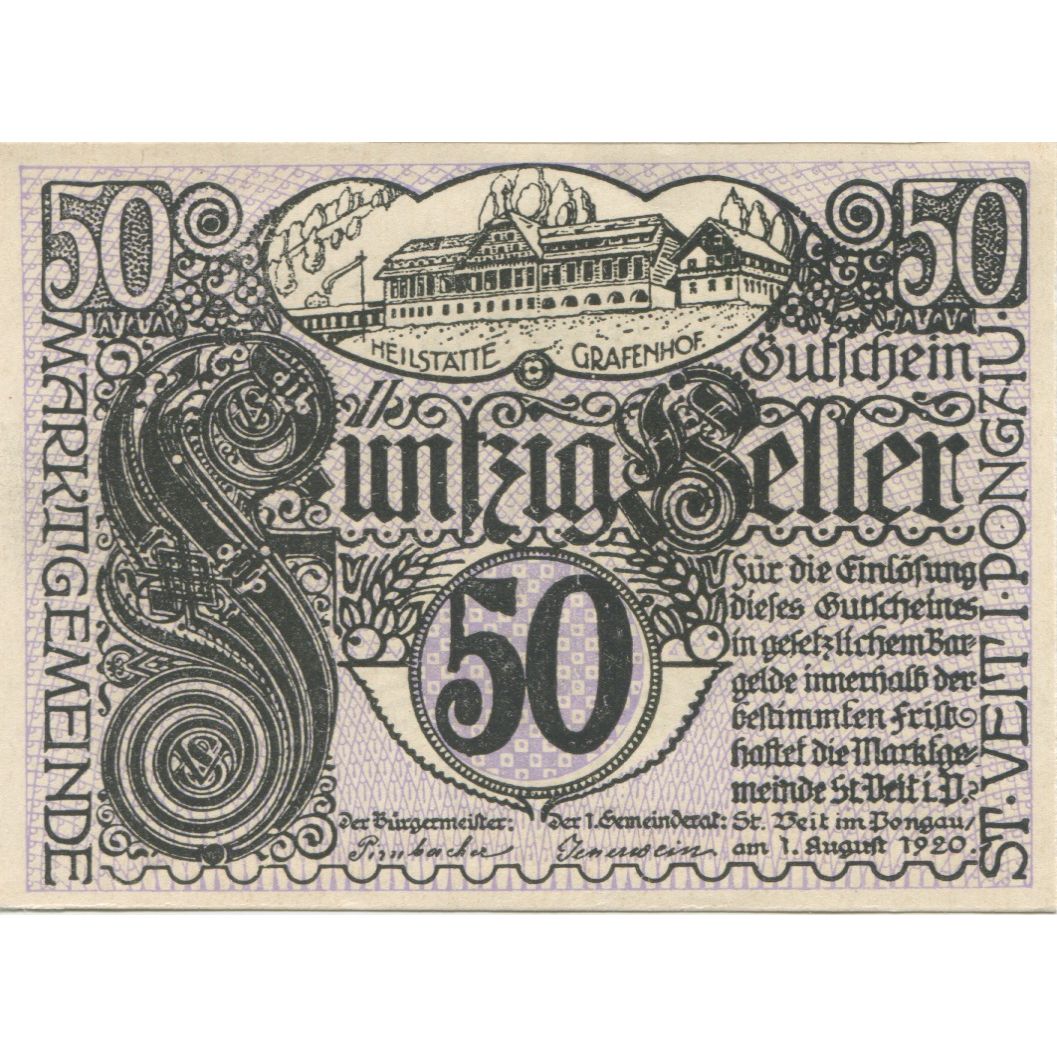 Banknote, Austria, St Veit, 50 Heller, château, 1920 UNC(63) Mehl:FS 945a