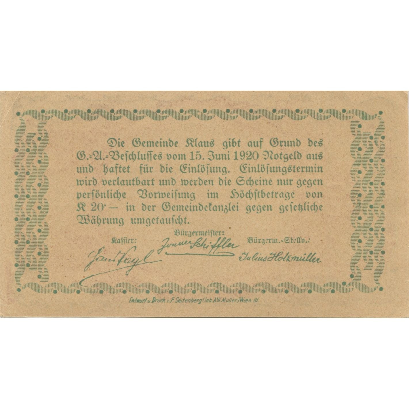 Banknote, Austria, Klaus, 60 Heller, paysage, 1920 UNC(63), Mehl:FS 454IIIb
