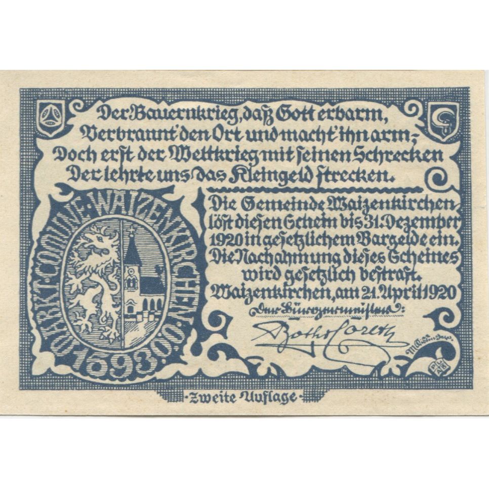Banknote, Austria, Waizenkirchen, 20 Heller, château, 1920