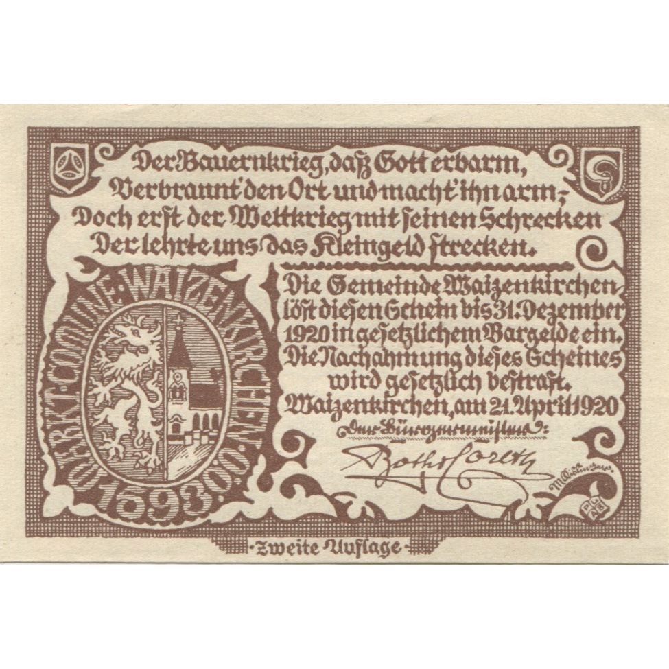 Banknote, Austria, Waizenkirchen, 50 Heller, rue, 1920 UNC(63) Mehl:FS 1128a