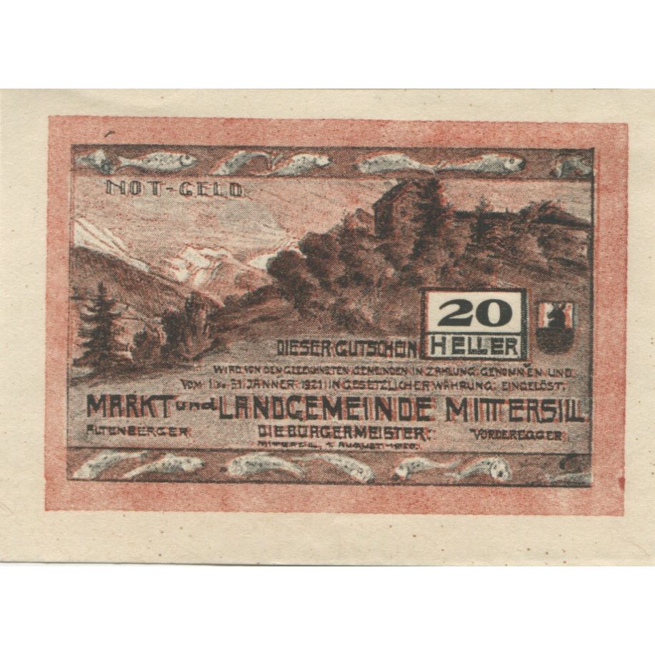 Banknote, Austria, Mittersill, 20 Heller, château, 1920 UNC(63) Mehl:FS 622a