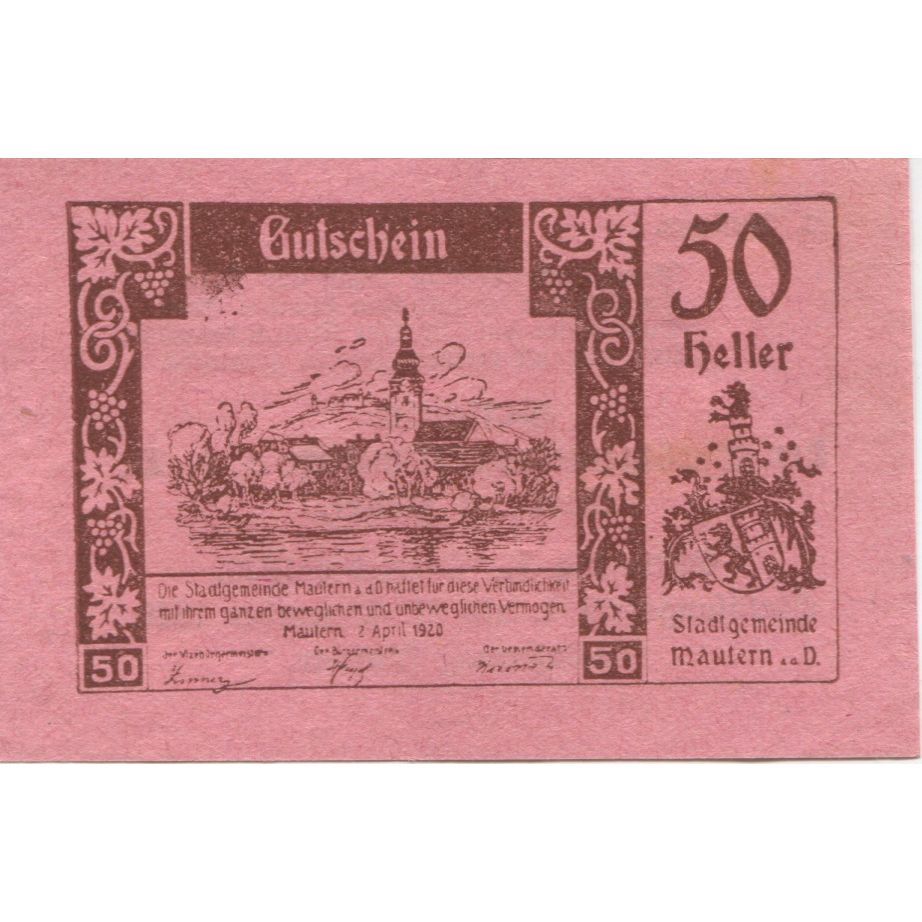 Banknote, Austria, Mautern, 50 Heller, village, 1920 UNC(63) Mehl:FS 600I