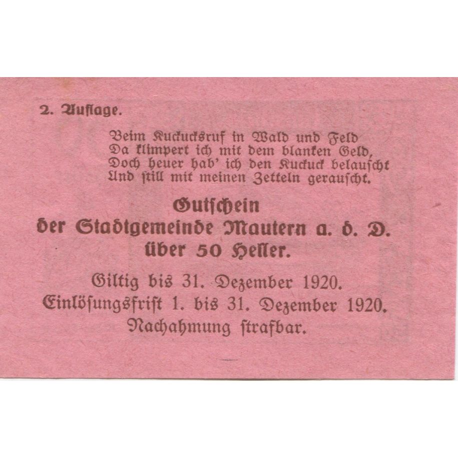 Banknote, Austria, Mautern, 50 Heller, village, 1920 UNC(63) Mehl:FS 600I